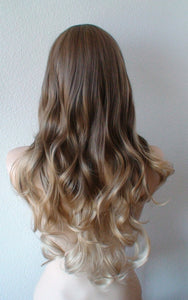 26" Brown Ash Blonde Ombre Long Curly Hair with Side Bangs Wig