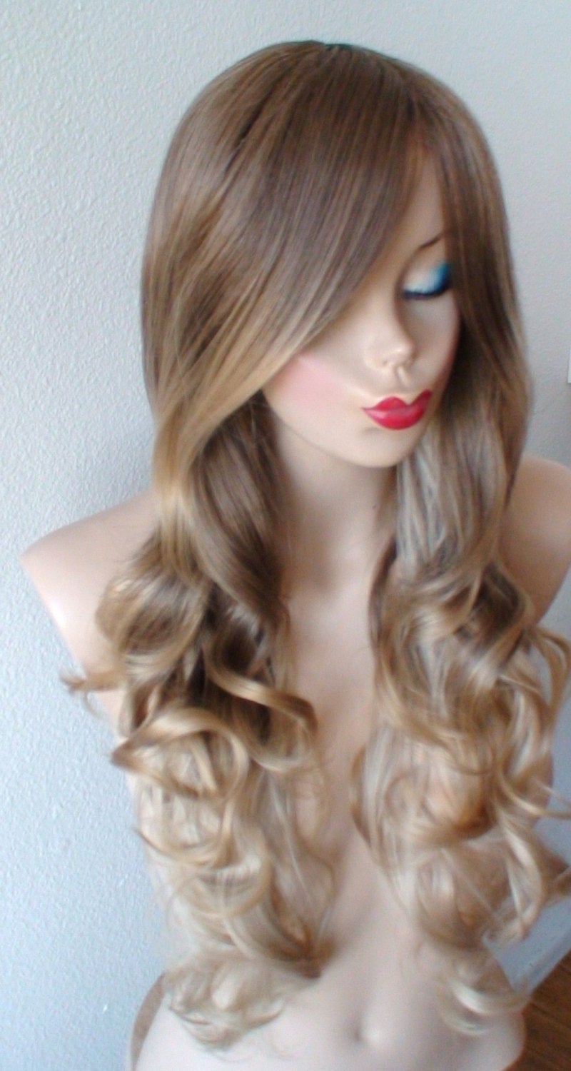 26" Brown Ash Blonde Ombre Long Curly Hair with Side Bangs Wig