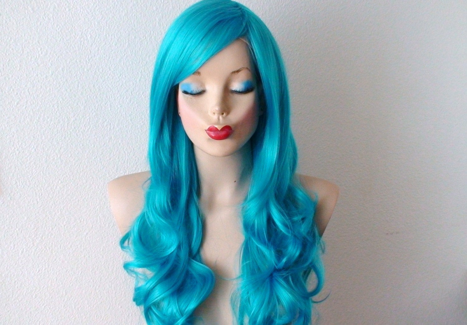 26" Teal Blue Long Curly Hair Long Side Bangs Wig