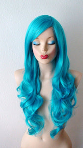 26" Teal Blue Long Curly Hair Long Side Bangs Wig