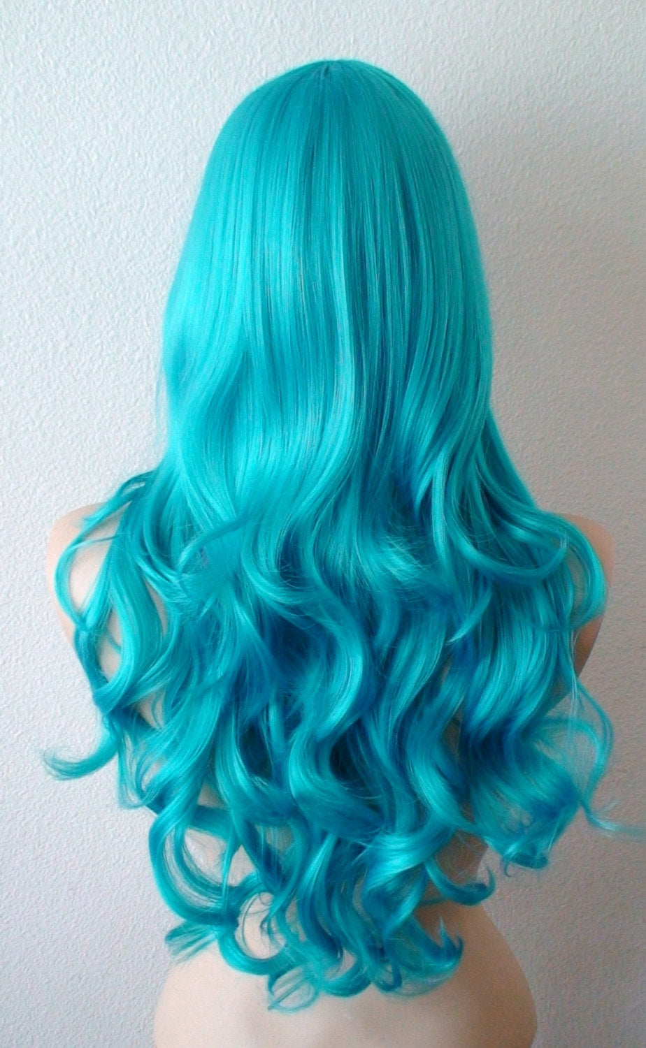 26" Teal Blue Long Curly Hair Long Side Bangs Wig