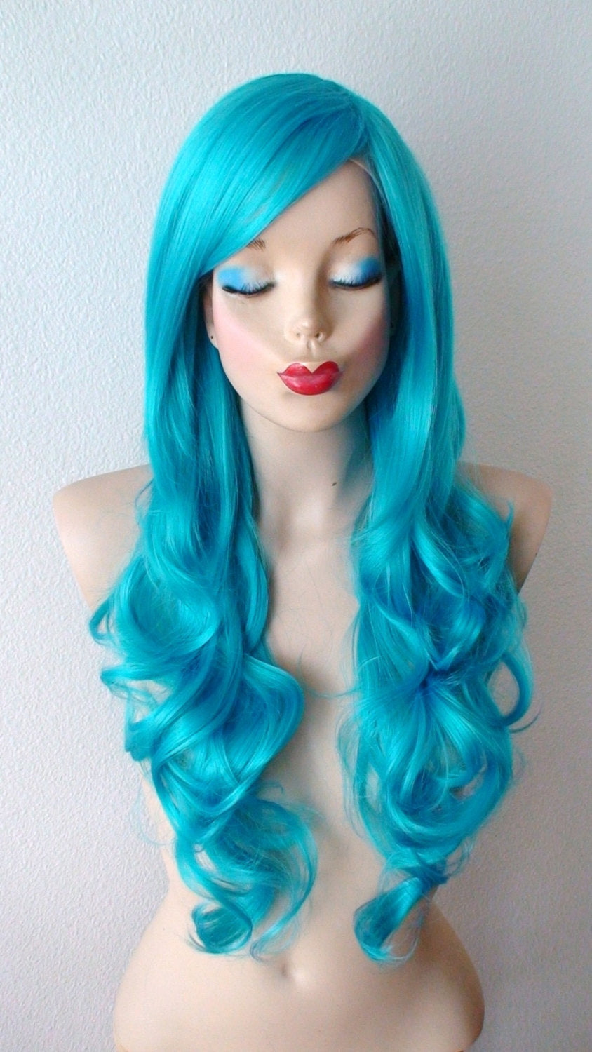 26" Teal Blue Long Curly Hair Long Side Bangs Wig