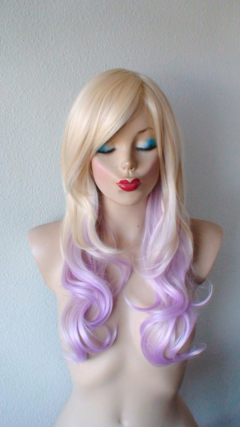 24" Blonde Pastel Lavender Ombre Long Curly Hair Side Bangs Wig