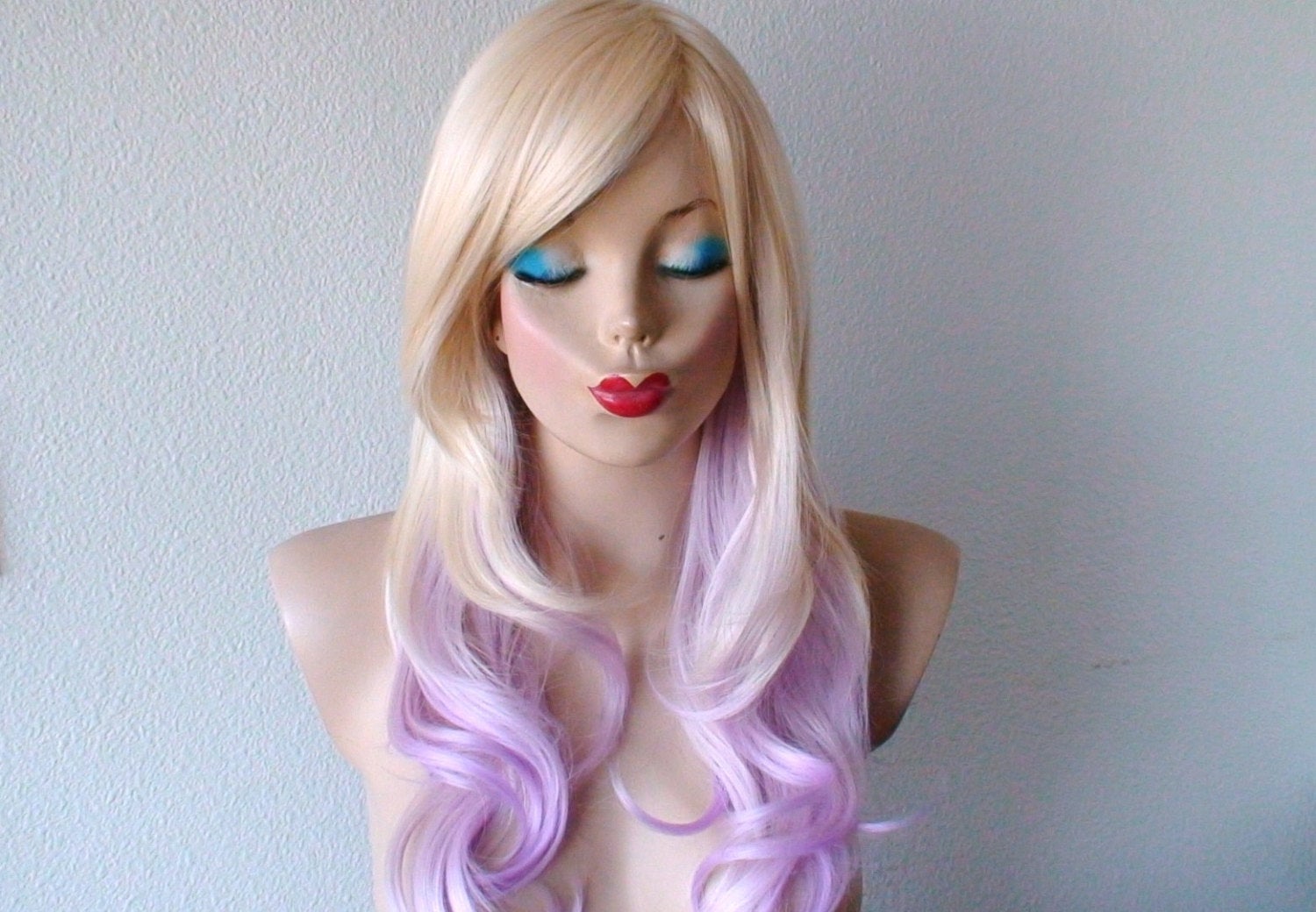 24" Blonde Pastel Lavender Ombre Long Curly Hair Side Bangs Wig