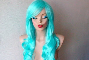 26" Pastel Aqua Blue Long Curly Hair Long Side Bangs Wig