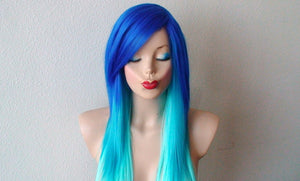 28" Blue Ombre Long Straight Layered Hair Side Bangs Wig