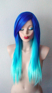 28" Blue Ombre Long Straight Layered Hair Side Bangs Wig