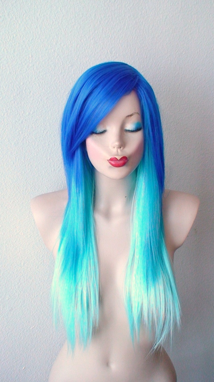 28" Blue Ombre Long Straight Layered Hair Side Bangs Wig