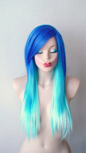 28" Blue Ombre Long Straight Layered Hair Side Bangs Wig