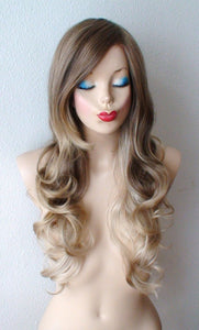 26' Ash Brown /Ash Blonde Ombre Long Curly Hair with Long Side Bangs Wig