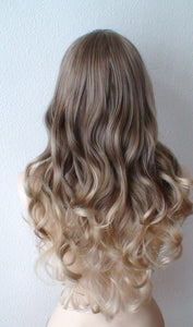 26' Ash Brown /Ash Blonde Ombre Long Curly Hair with Long Side Bangs Wig