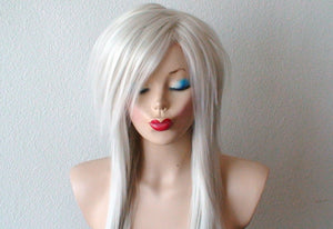 28" White Gray Long Straight Layered Haie Side Bangs Wig. Emo Wig. Scene Wig.