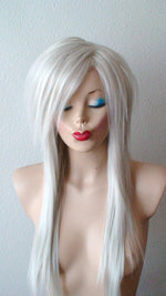 Load image into Gallery viewer, 28&quot; White Gray Long Straight Layered Haie Side Bangs Wig. Emo Wig. Scene Wig.
