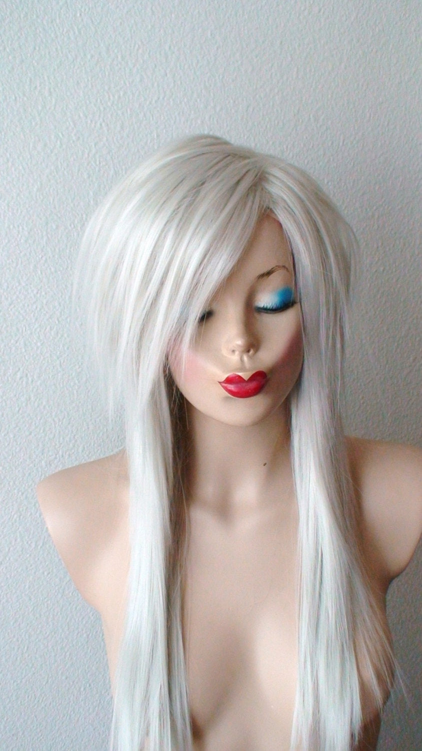 28" White Gray Long Straight Layered Haie Side Bangs Wig. Emo Wig. Scene Wig.