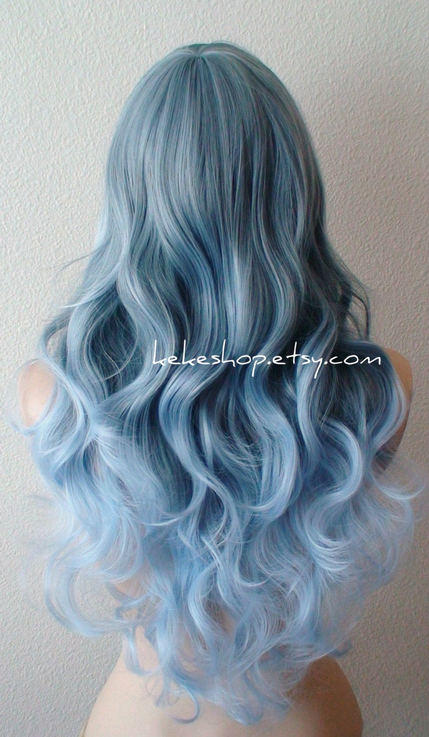 26" Lace Front Pastel Blue Ombre Long Curly Hair Side Bang Wig