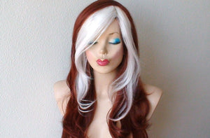 26" Copper Red Hair White Bangs Long Wavy hairstyle Wig. Cosplay Wig