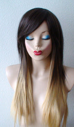 Load image into Gallery viewer, 24&quot; Brown Golden Blonde Ombre Long Straight Layered Hair Side Bangs Wig
