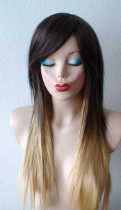 24" Brown Golden Blonde Ombre Long Straight Layered Hair Side Bangs Wig