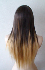 Load image into Gallery viewer, 24&quot; Brown Golden Blonde Ombre Long Straight Layered Hair Side Bangs Wig
