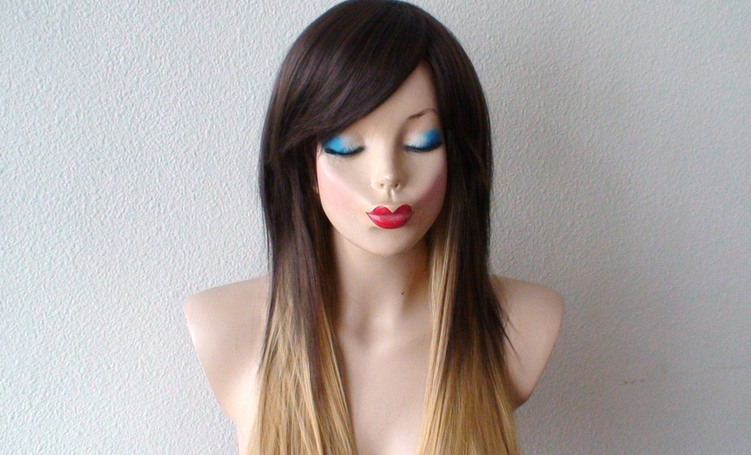 24" Brown Golden Blonde Ombre Long Straight Layered Hair Side Bangs Wig