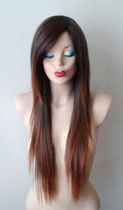 28" Brown Auburn Ombre Long Straight Layered Hair Long Side Bang Wig