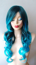 Load image into Gallery viewer, 26&quot; Pastel Turquoise Ombre Long Curly Hair Long Side Bangs Wig
