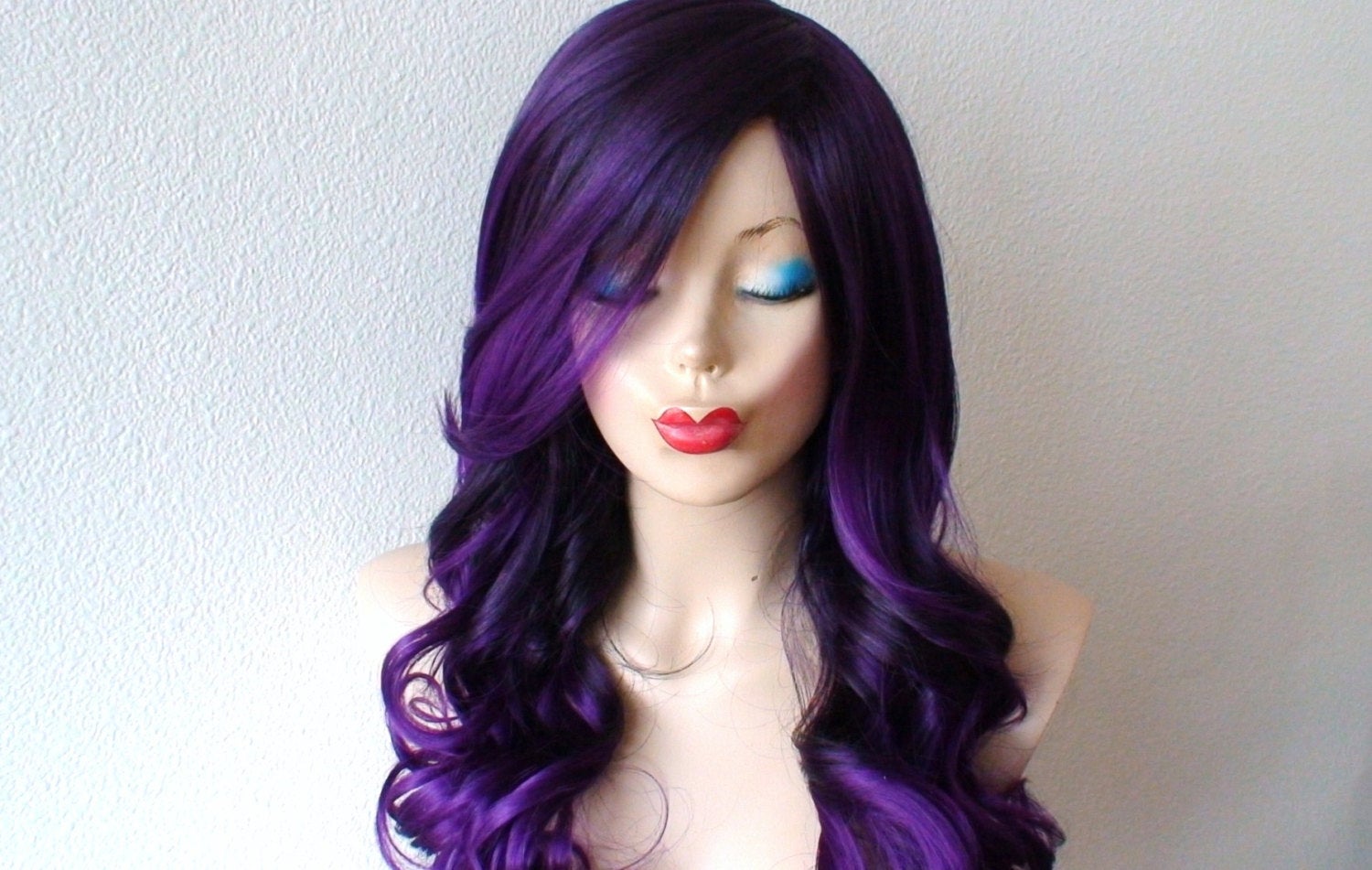 26" Purple Ombre Curly Hair Long Side Bangs Wig