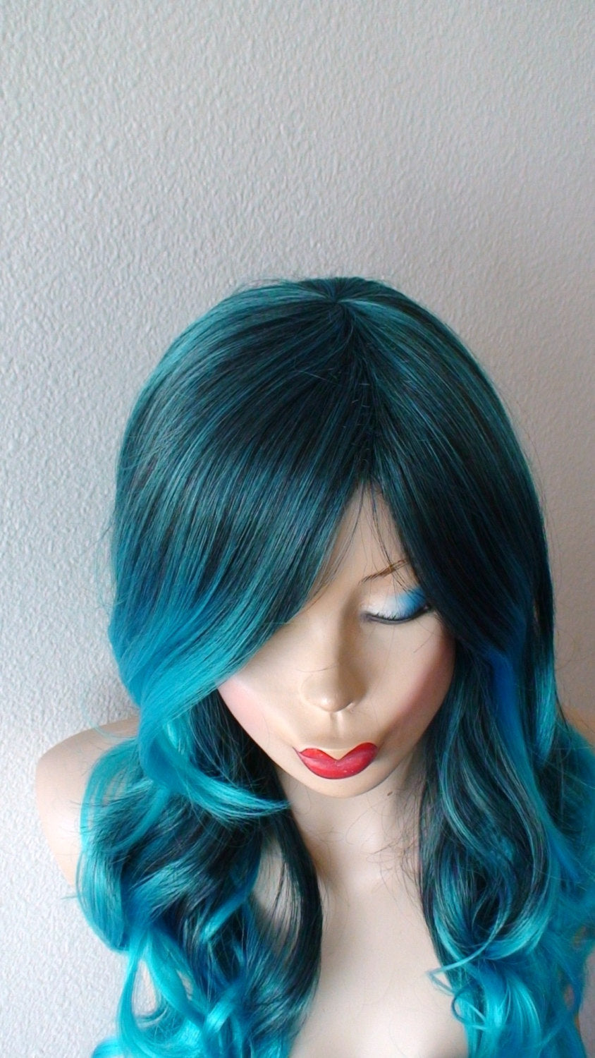 26" Pastel Turquoise Ombre Long Curly Hair Long Side Bangs Wig