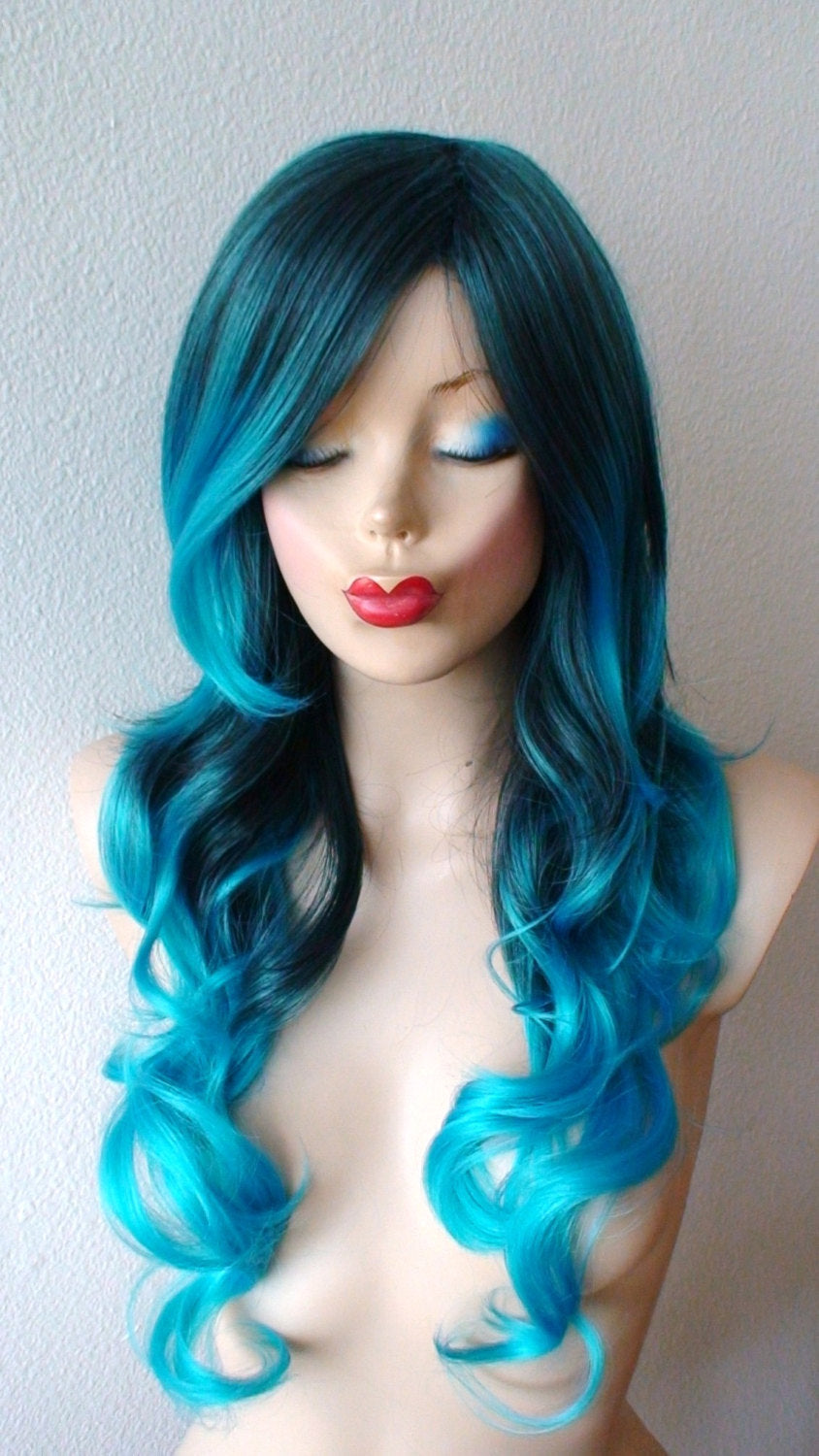 26" Pastel Turquoise Ombre Long Curly Hair Long Side Bangs Wig