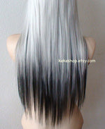 Load image into Gallery viewer, 28&quot; White Gray /Gunmetal /Black Ombre Long Straight Layered Hair Long Side Bangs Wig
