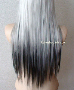 28" White Gray /Gunmetal /Black Ombre Long Straight Layered Hair Long Side Bangs Wig