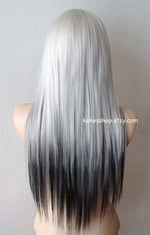 Load image into Gallery viewer, 28&quot; White Gray /Gunmetal /Black Ombre Long Straight Layered Hair Long Side Bangs Wig
