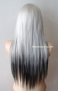 28" White Gray /Gunmetal /Black Ombre Long Straight Layered Hair Long Side Bangs Wig