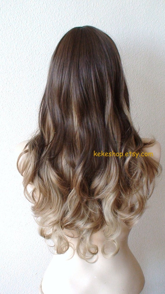 26" Lace Front Brown Dirty Blonde Ombre Long Curly Hair Long Side Bangs Wig