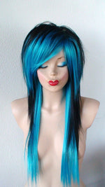 Load image into Gallery viewer, 28&quot; Black Turquoise Ombre Long Straight Hair Long Side Bangs Wig. Emo Wig. Scene Wig.
