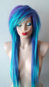 30" Purple Teal Ombre Long Straight Emo Hair Wig. Scene Wig