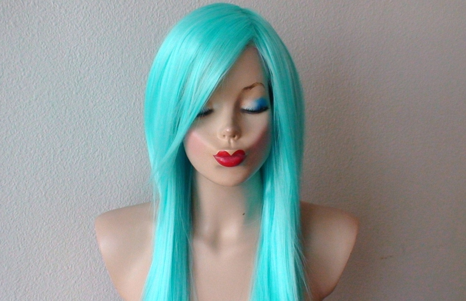 28" Aqua Blue Long Straight Hair Long Side Bangs Wig