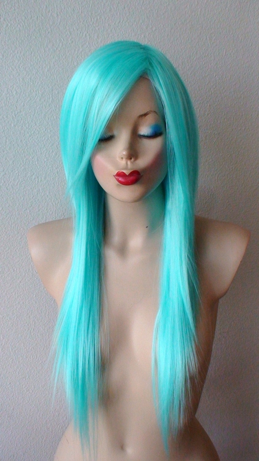 28" Aqua Blue Long Straight Hair Long Side Bangs Wig