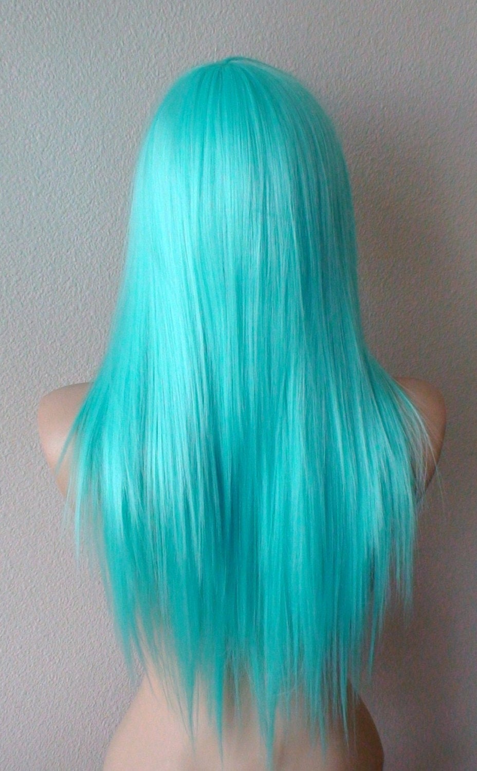 28" Aqua Blue Long Straight Hair Long Side Bangs Wig