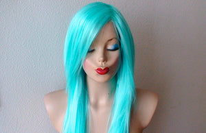 28" Aqua Blue Long Straight Hair Long Side Bangs Wig