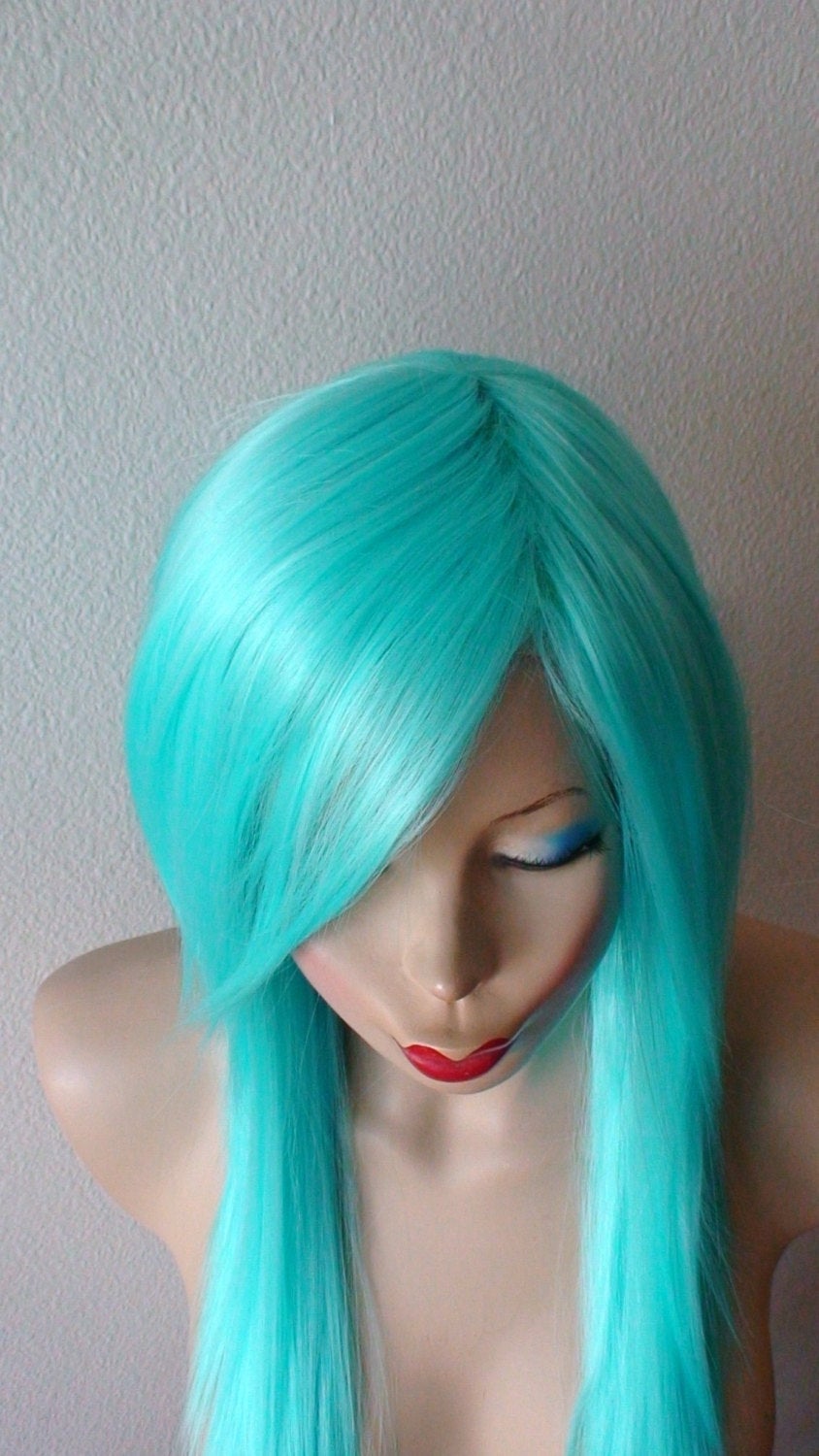 28" Aqua Blue Long Straight Hair Long Side Bangs Wig