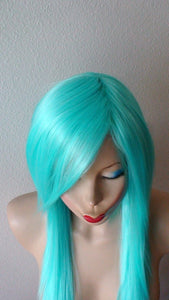 28" Aqua Blue Long Straight Hair Long Side Bangs Wig