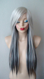 Load image into Gallery viewer, 28&quot; White Gray /Gunmetal /Black Ombre Long Straight Layered Hair Long Side Bangs Wig
