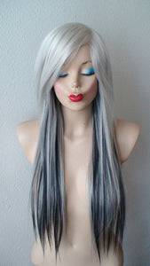 28" White Gray /Gunmetal /Black Ombre Long Straight Layered Hair Long Side Bangs Wig