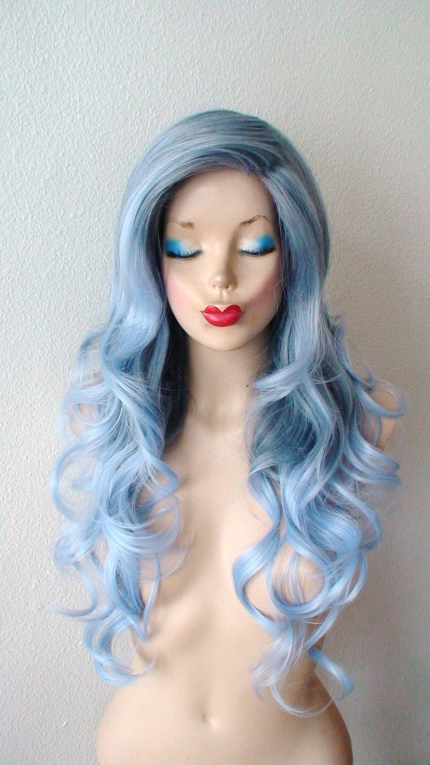 26" Lace Front Pastel Blue Ombre Long Curly Hair Side Bang Wig