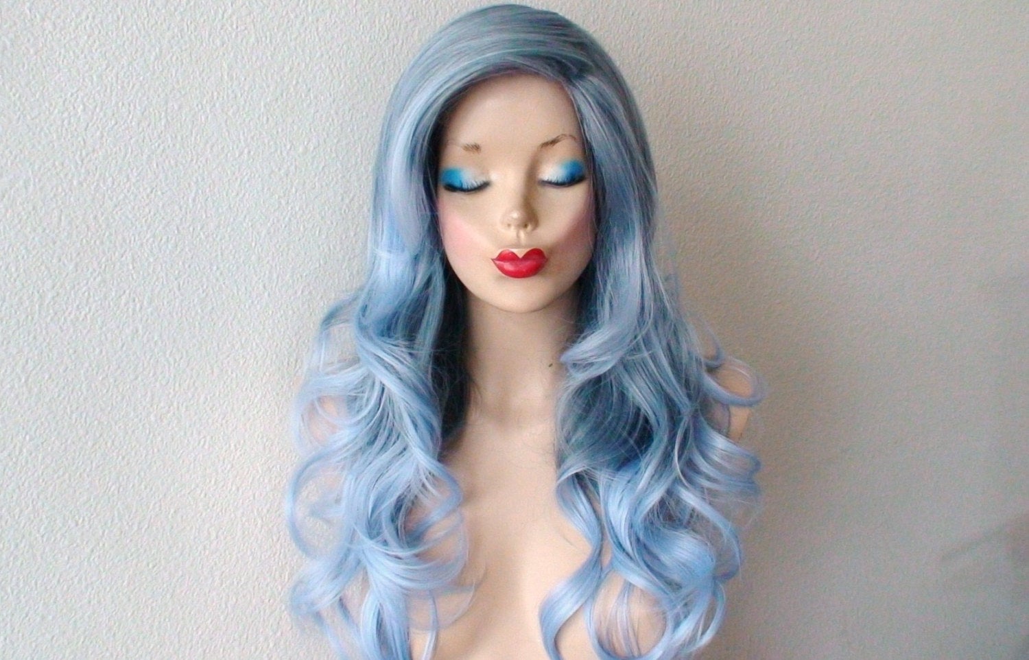 26" Lace Front Pastel Blue Ombre Long Curly Hair Side Bang Wig