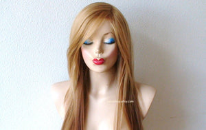 28" Strawberry Blonde Long Straight Hair Long Side Bangs Wig