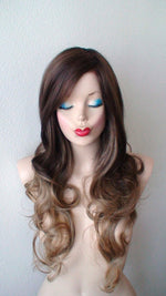 Load image into Gallery viewer, 26&quot; Brown toffee Ombre Curly hair Long Side Bangs Wig
