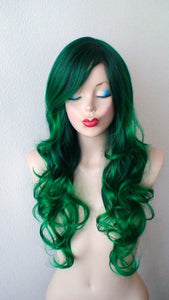 26" Irish Green Ombre Long Curly Hairstyle Long Side Bangs Wig