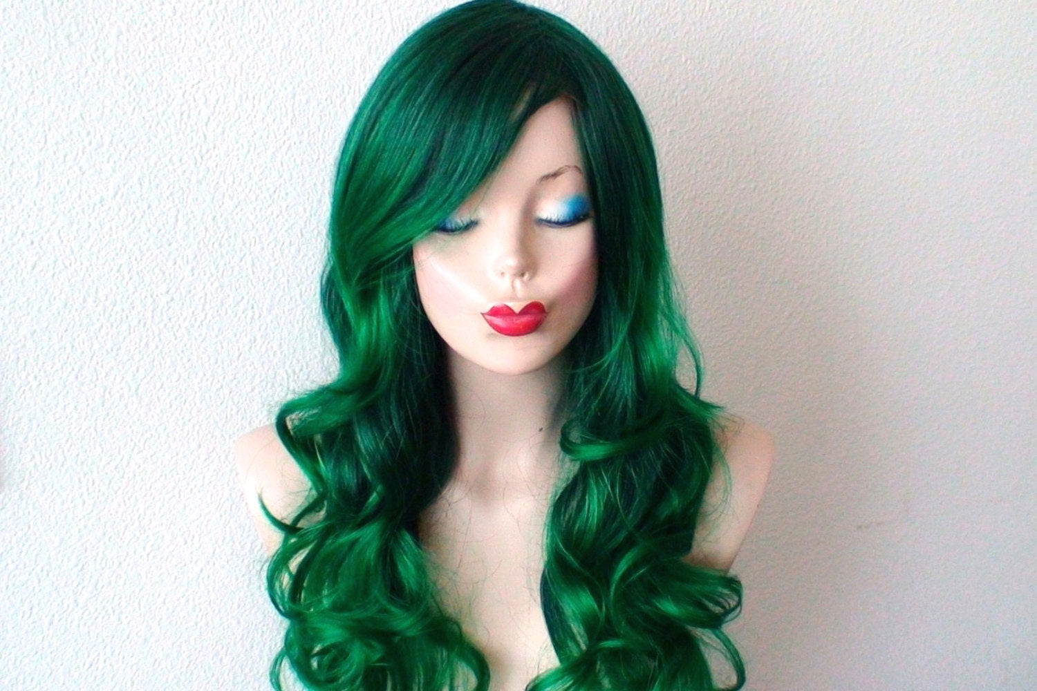 26" Irish Green Ombre Long Curly Hairstyle Long Side Bangs Wig